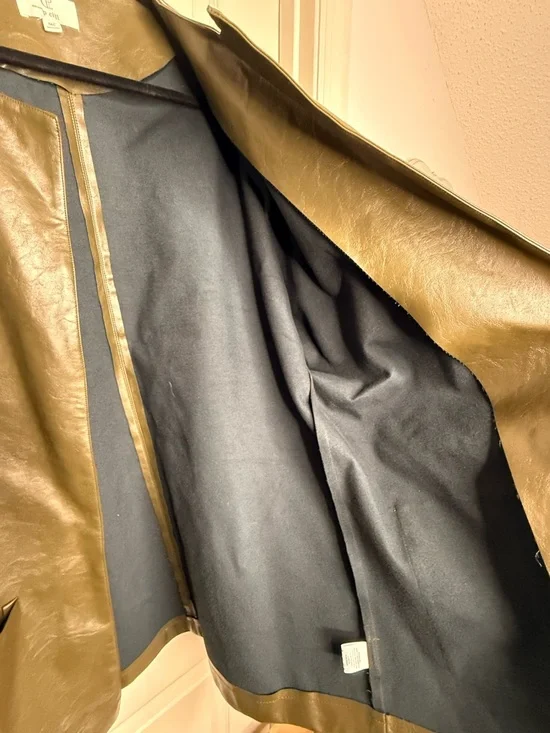 Olive Faux Leather Jacket Women M/L Open Front Lightweight Chic Rare by p. Cill - Picture 7 of 10